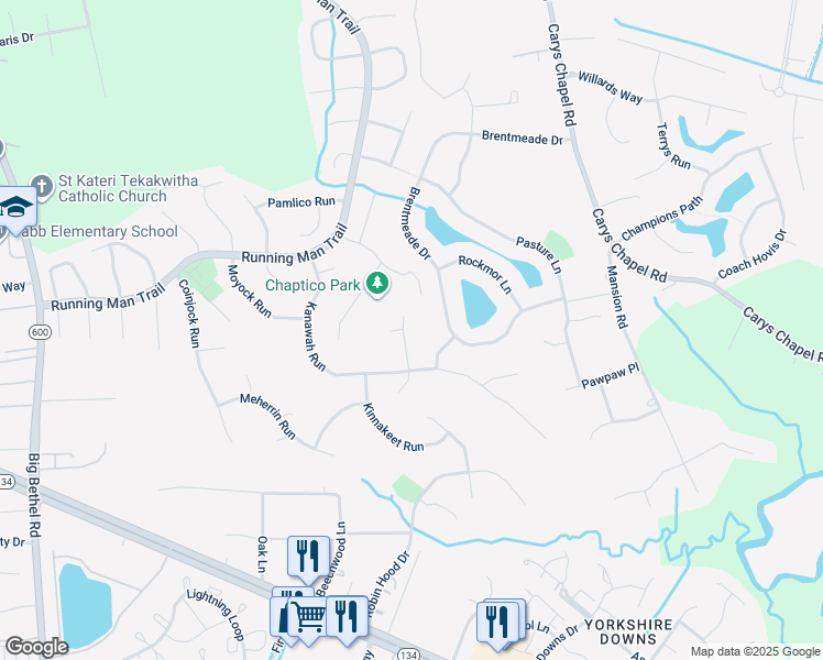 map of restaurants, bars, coffee shops, grocery stores, and more near 108 Pungo Turn in Yorktown
