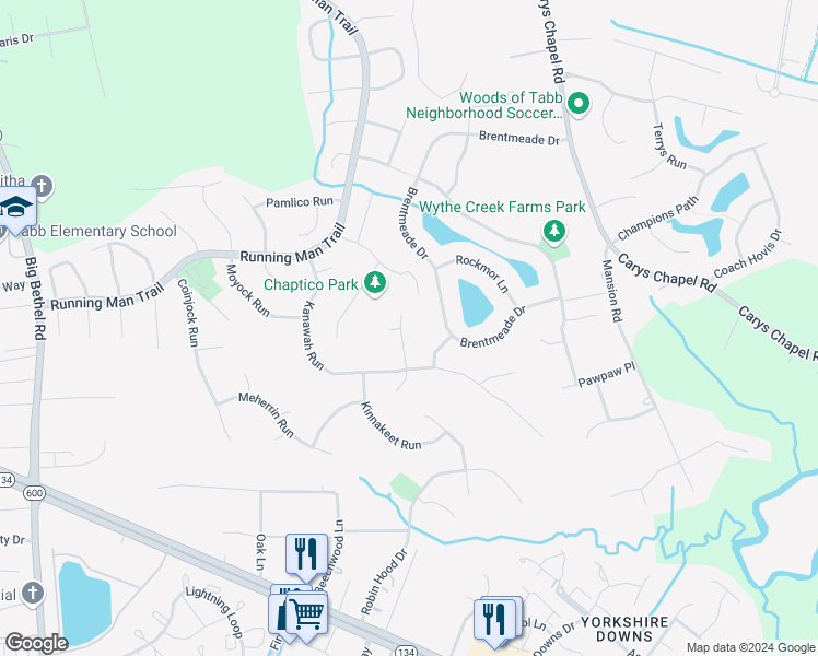 map of restaurants, bars, coffee shops, grocery stores, and more near 108 Pungo Turn in Yorktown