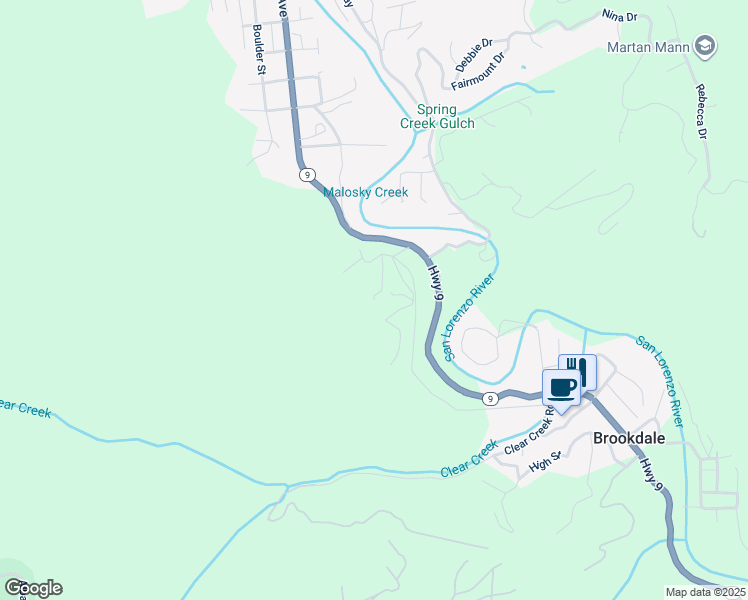 map of restaurants, bars, coffee shops, grocery stores, and more near 12175 Monan Way in Boulder Creek