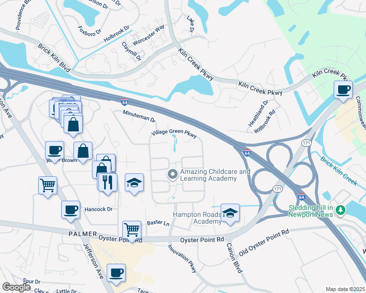 map of restaurants, bars, coffee shops, grocery stores, and more near 609 Musket Court in Newport News