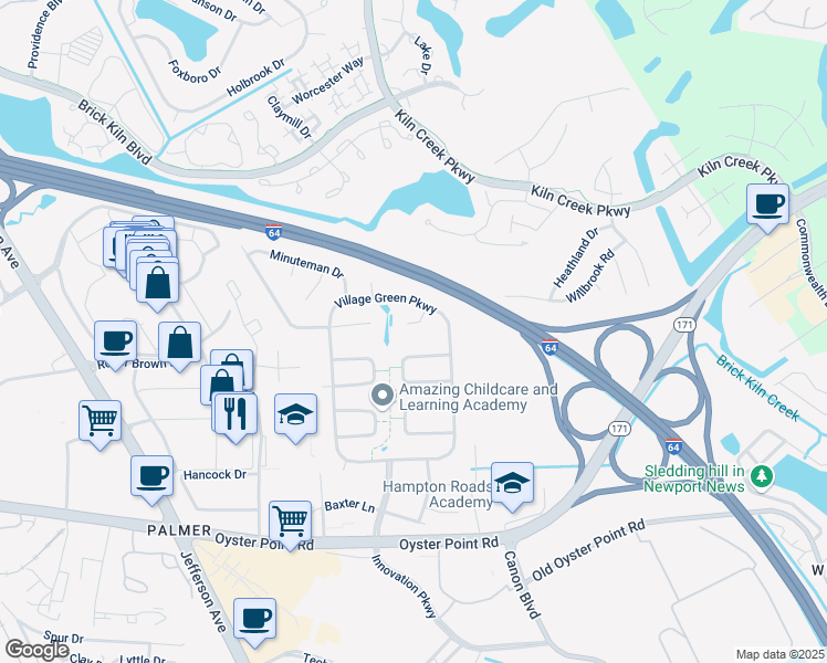 map of restaurants, bars, coffee shops, grocery stores, and more near 604 Musket Court in Newport News