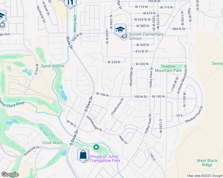 map of restaurants, bars, coffee shops, grocery stores, and more near 1610 West 100 North in St. George