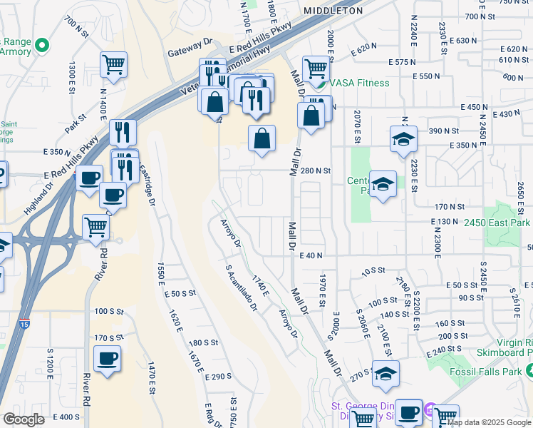 map of restaurants, bars, coffee shops, grocery stores, and more near 145 North Mall Drive in St. George