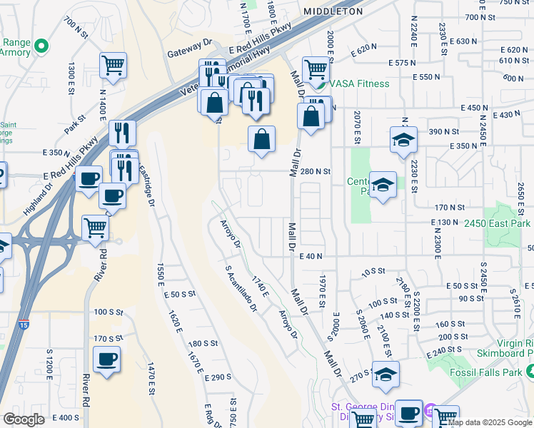 map of restaurants, bars, coffee shops, grocery stores, and more near 145 North Mall Drive in St. George