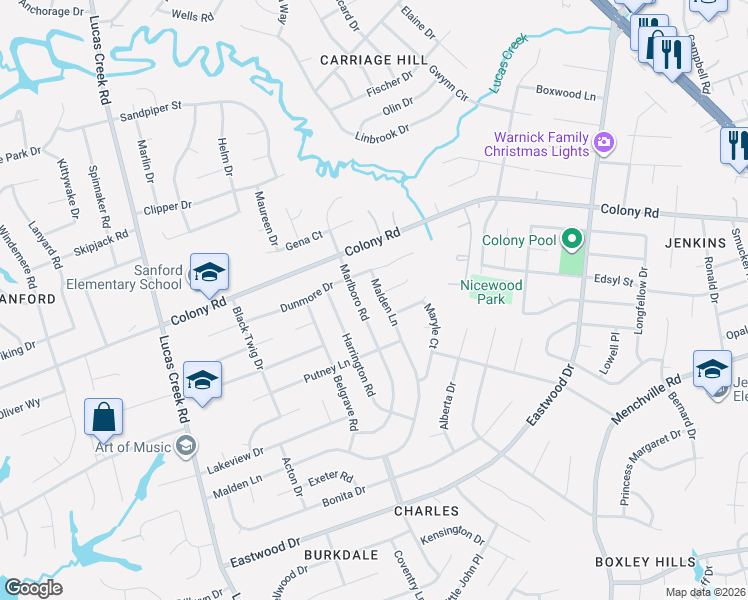 map of restaurants, bars, coffee shops, grocery stores, and more near 360 Malden Lane in Newport News