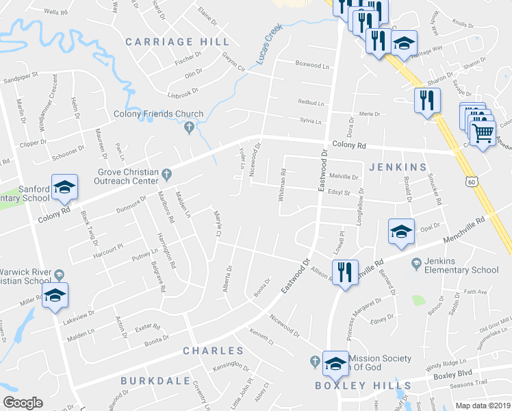 map of restaurants, bars, coffee shops, grocery stores, and more near 375 Nicewood Drive in Newport News