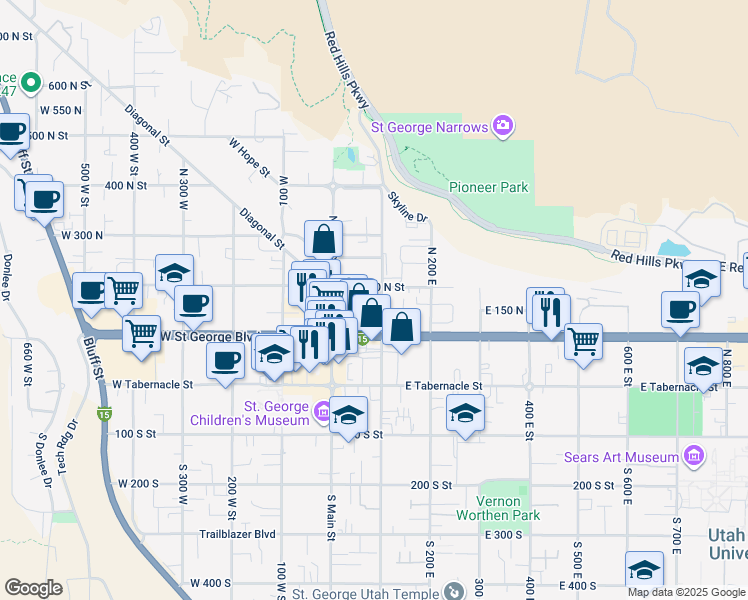 map of restaurants, bars, coffee shops, grocery stores, and more near 82 North 200 East in St. George