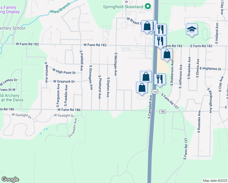 map of restaurants, bars, coffee shops, grocery stores, and more near 5660 South Dayton Avenue in Springfield