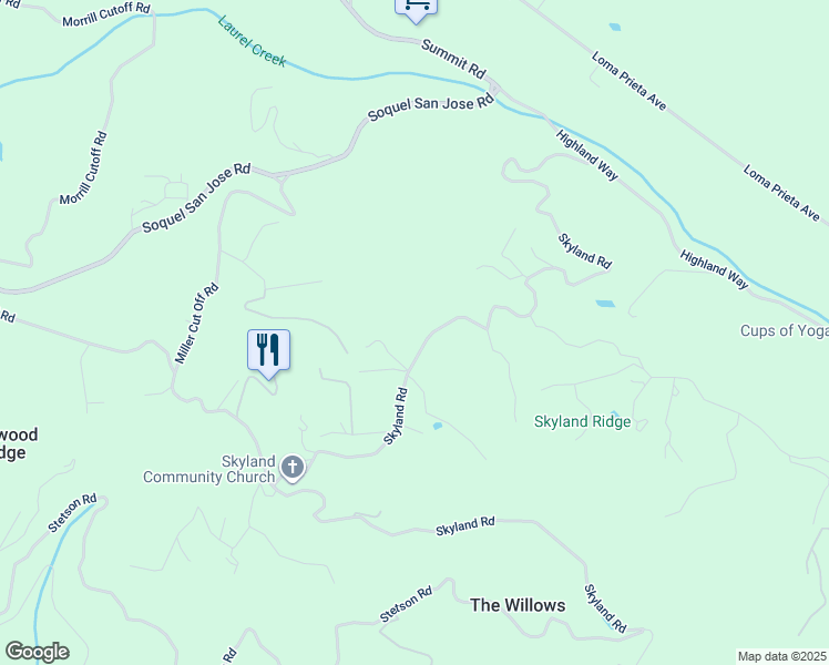 map of restaurants, bars, coffee shops, grocery stores, and more near 24895 Skyland Road in Los Gatos