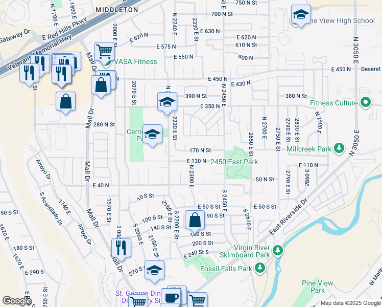 map of restaurants, bars, coffee shops, grocery stores, and more near 2294 East 170 North in St. George