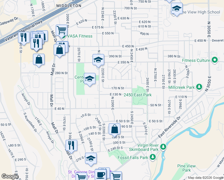 map of restaurants, bars, coffee shops, grocery stores, and more near 2294 East 170 North in St. George