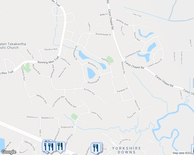 map of restaurants, bars, coffee shops, grocery stores, and more near 515 Brentmeade Drive in Yorktown