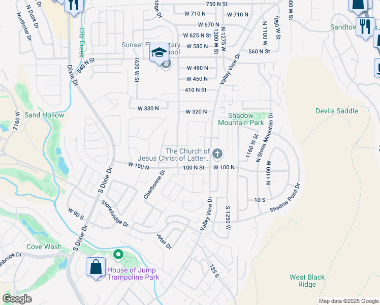 map of restaurants, bars, coffee shops, grocery stores, and more near 225 Valley View Drive in Saint George