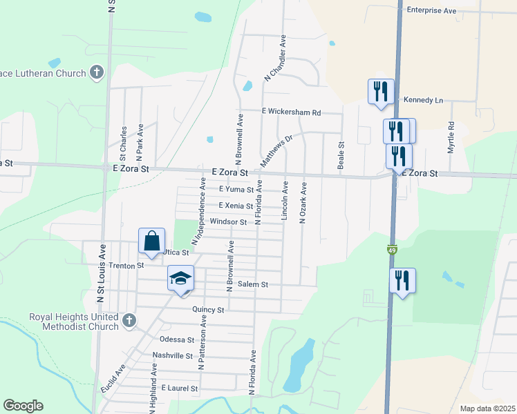 map of restaurants, bars, coffee shops, grocery stores, and more near 2601 East Xenia Street in Joplin