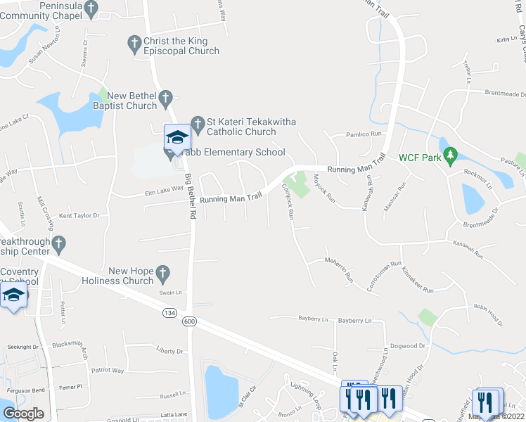 map of restaurants, bars, coffee shops, grocery stores, and more near 104 Nansemond Turn in Yorktown