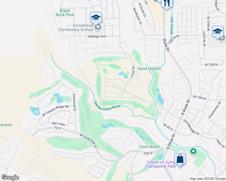 map of restaurants, bars, coffee shops, grocery stores, and more near 169 West Monterey Drive in Saint George