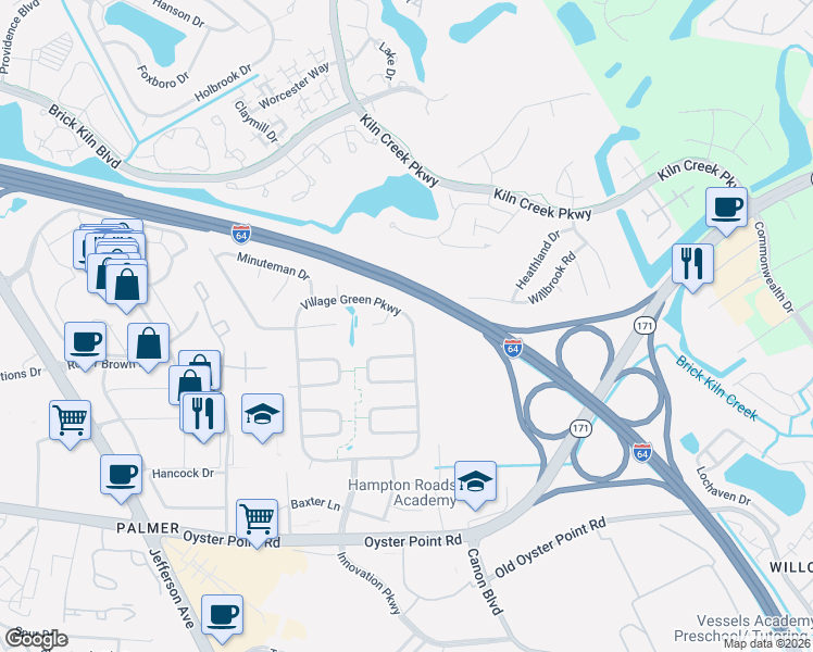 map of restaurants, bars, coffee shops, grocery stores, and more near 623 Village Green Parkway in Newport News