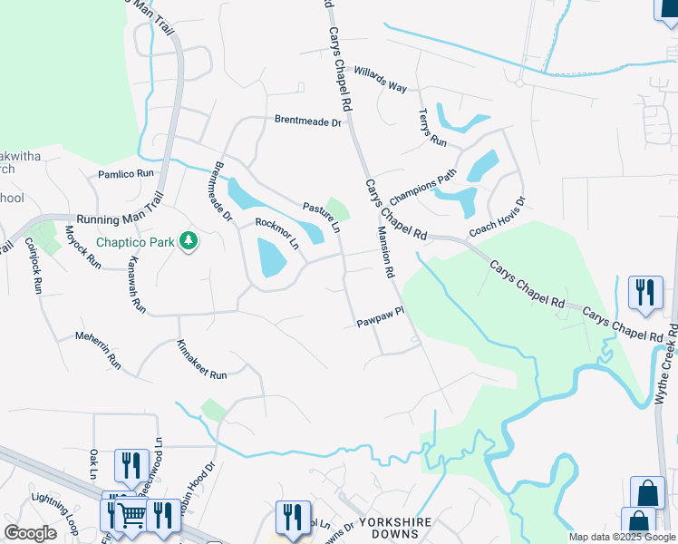 map of restaurants, bars, coffee shops, grocery stores, and more near 306 Pasture Lane in Yorktown