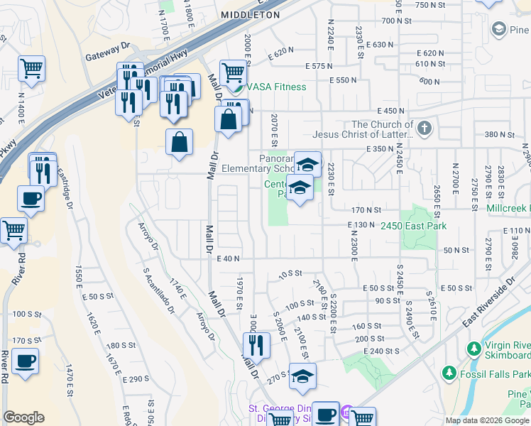 map of restaurants, bars, coffee shops, grocery stores, and more near 184 North 2040 East in St. George