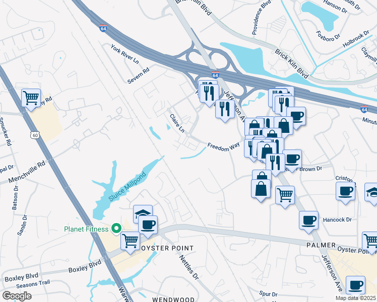 map of restaurants, bars, coffee shops, grocery stores, and more near 581 Red Hill Road in Newport News