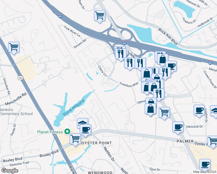 map of restaurants, bars, coffee shops, grocery stores, and more near 581 Red Hill Road in Newport News