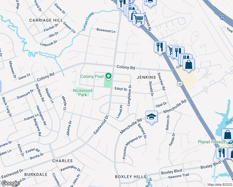map of restaurants, bars, coffee shops, grocery stores, and more near 158 Mark Twain Drive in Newport News