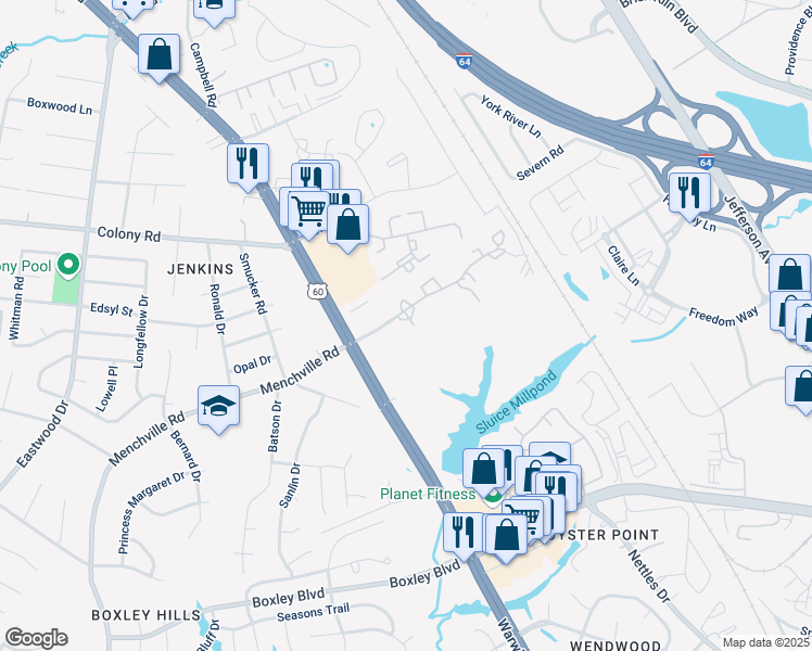 map of restaurants, bars, coffee shops, grocery stores, and more near 448 Youngs Mill Lane in Newport News