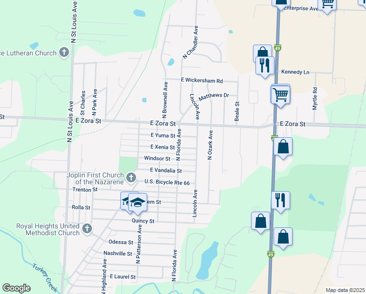 map of restaurants, bars, coffee shops, grocery stores, and more near 2601 East Xenia Street in Joplin
