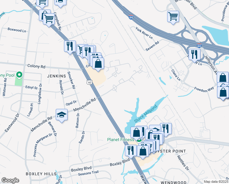 map of restaurants, bars, coffee shops, grocery stores, and more near 448 Youngs Mill Lane in Newport News