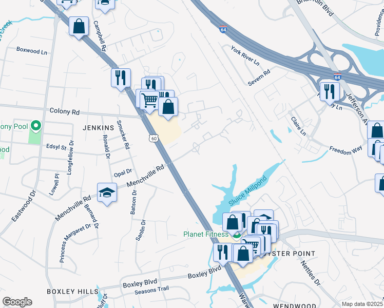 map of restaurants, bars, coffee shops, grocery stores, and more near 438 Youngs Mill Lane in Newport News