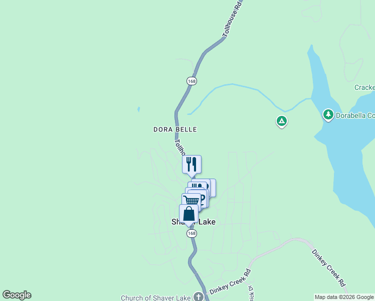 map of restaurants, bars, coffee shops, grocery stores, and more near 42137 Tollhouse Road in Shaver Lake