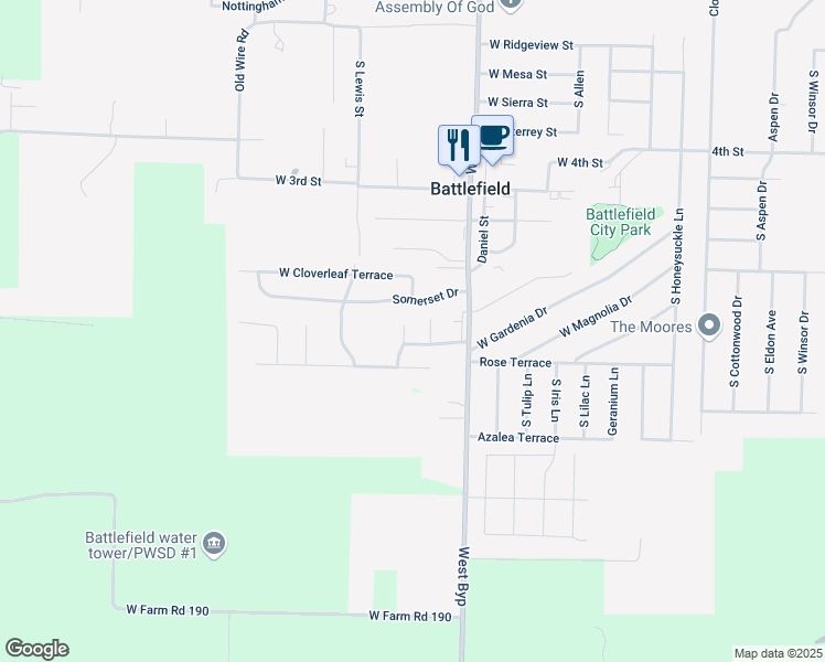 map of restaurants, bars, coffee shops, grocery stores, and more near 5704 South Vicksburg Battle Court in Battlefield