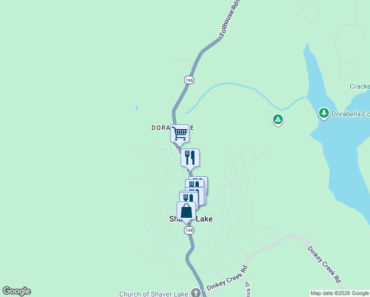 map of restaurants, bars, coffee shops, grocery stores, and more near 42137 Tollhouse Road in Shaver Lake