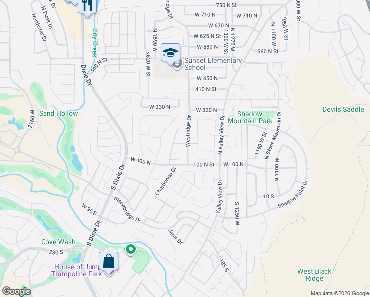 map of restaurants, bars, coffee shops, grocery stores, and more near 100 Westridge Drive in St. George