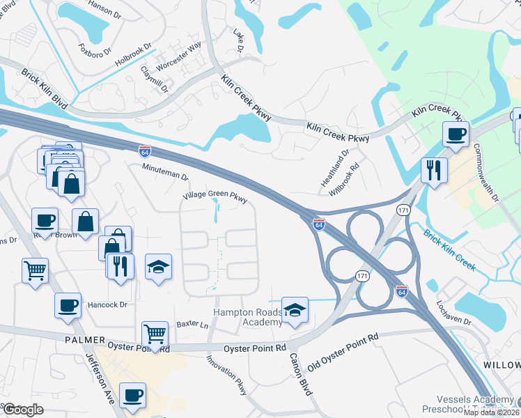 map of restaurants, bars, coffee shops, grocery stores, and more near 623 Village Green Parkway in Newport News