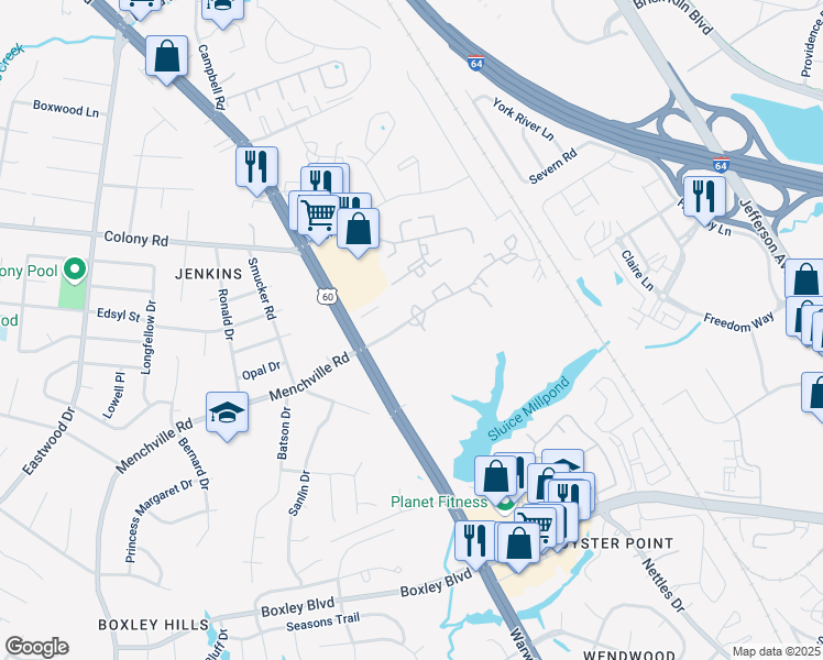 map of restaurants, bars, coffee shops, grocery stores, and more near 438 Youngs Mill Lane in Newport News