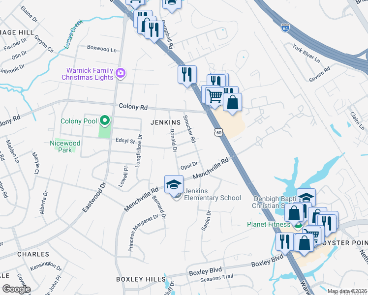 map of restaurants, bars, coffee shops, grocery stores, and more near 105 Edsyl Street in Newport News