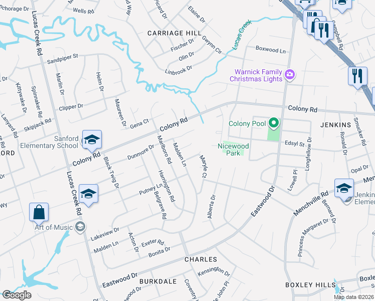 map of restaurants, bars, coffee shops, grocery stores, and more near 360 Malden Lane in Newport News