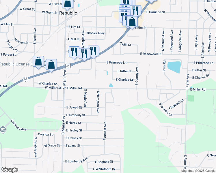 map of restaurants, bars, coffee shops, grocery stores, and more near 407 East Miller Road in Republic