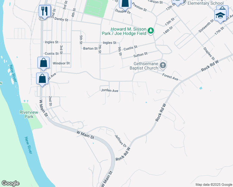 map of restaurants, bars, coffee shops, grocery stores, and more near 900 Jordan Avenue in Radford