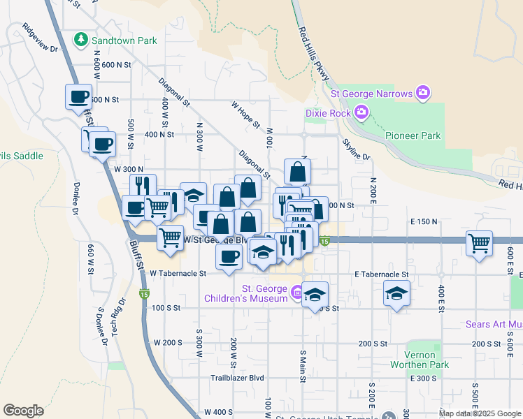map of restaurants, bars, coffee shops, grocery stores, and more near 187 100 West in St. George