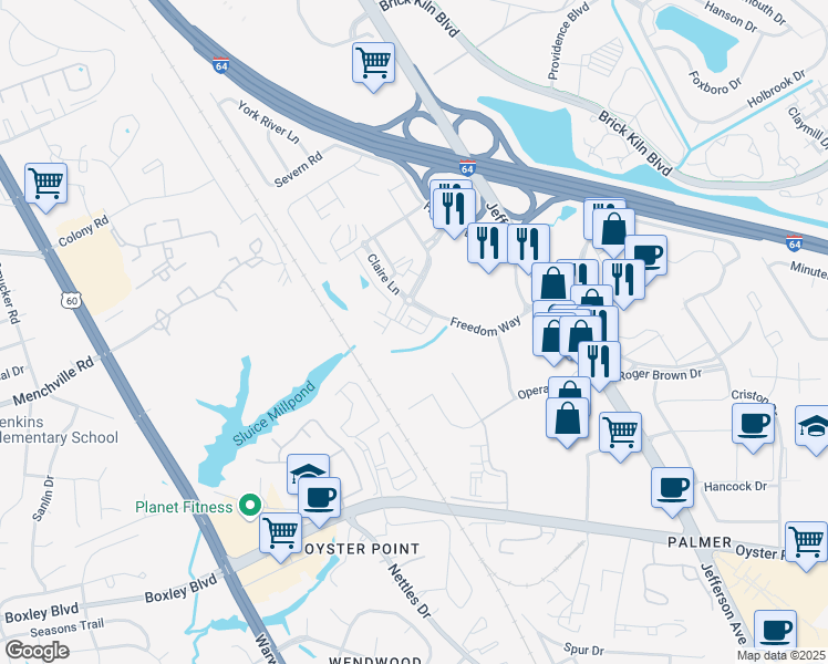 map of restaurants, bars, coffee shops, grocery stores, and more near 560 Red Hill Road in Newport News