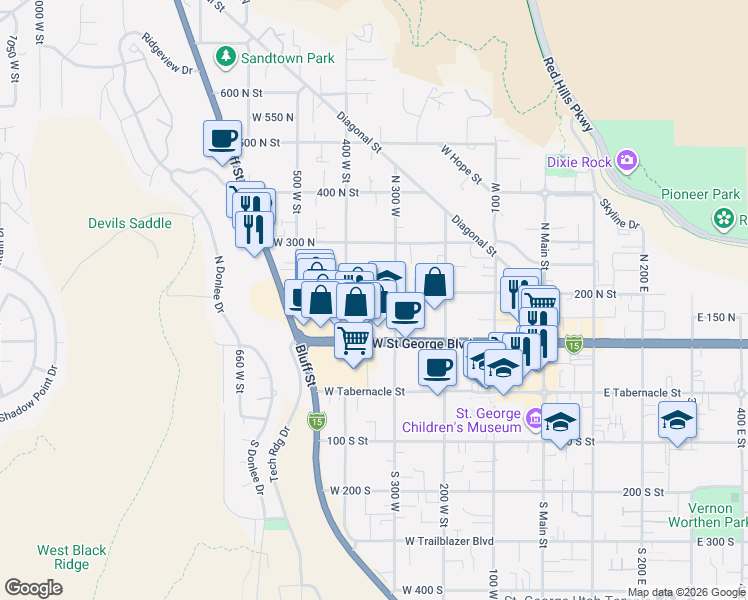 map of restaurants, bars, coffee shops, grocery stores, and more near 337 West 200 North in St. George