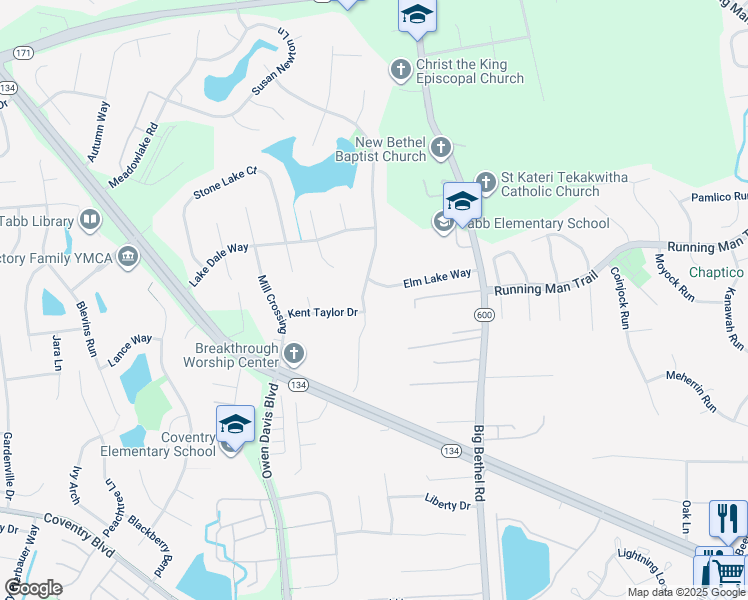 map of restaurants, bars, coffee shops, grocery stores, and more near 503 Lakeland Crescent in Yorktown