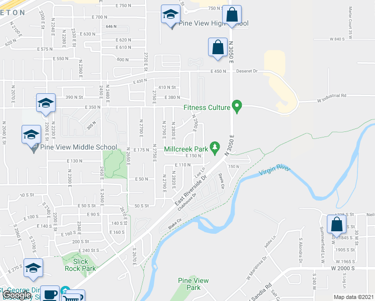 map of restaurants, bars, coffee shops, grocery stores, and more near 170 North Kimette in St. George