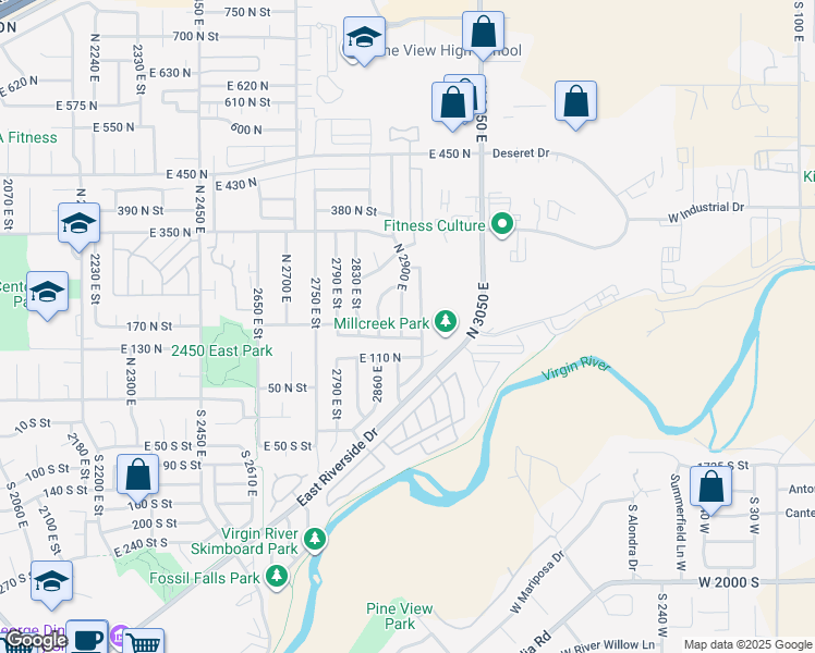 map of restaurants, bars, coffee shops, grocery stores, and more near 166 North 2900 East in St. George