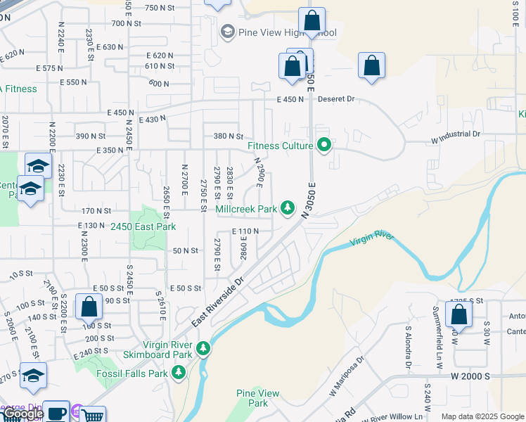 map of restaurants, bars, coffee shops, grocery stores, and more near 166 North 2900 East in St. George