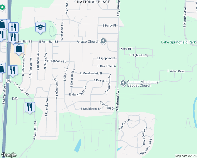 map of restaurants, bars, coffee shops, grocery stores, and more near 1047 East Evans Street in Springfield