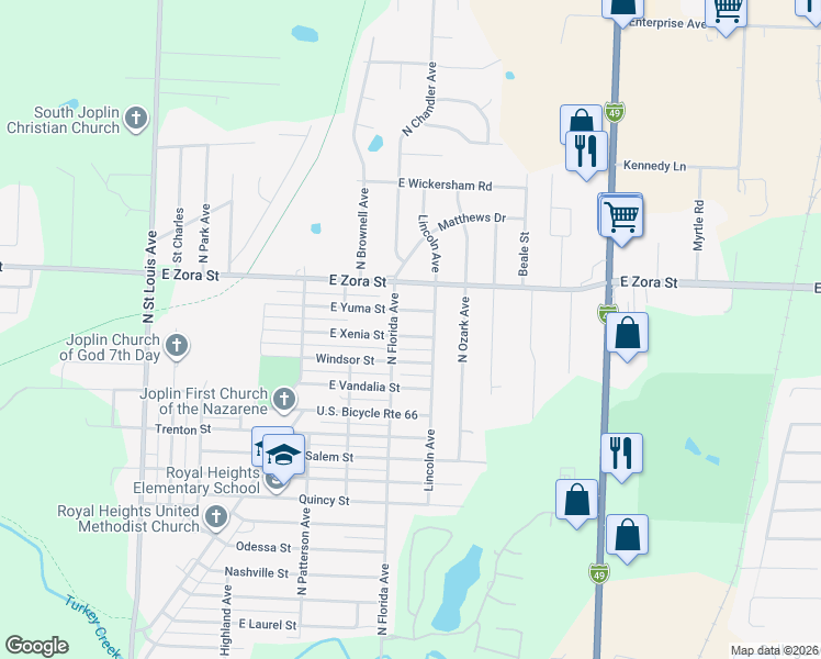 map of restaurants, bars, coffee shops, grocery stores, and more near 2601 East Xenia Street in Joplin
