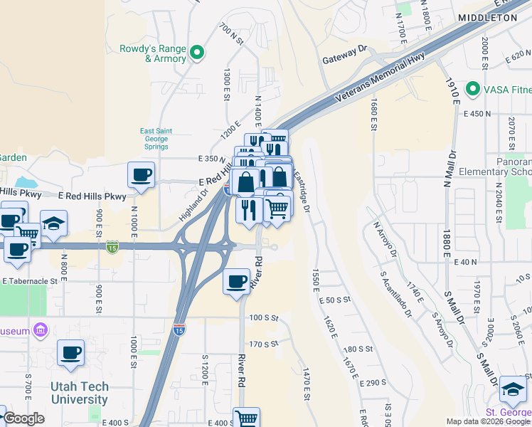 map of restaurants, bars, coffee shops, grocery stores, and more near 1054 Wesley Powell Drive in St. George